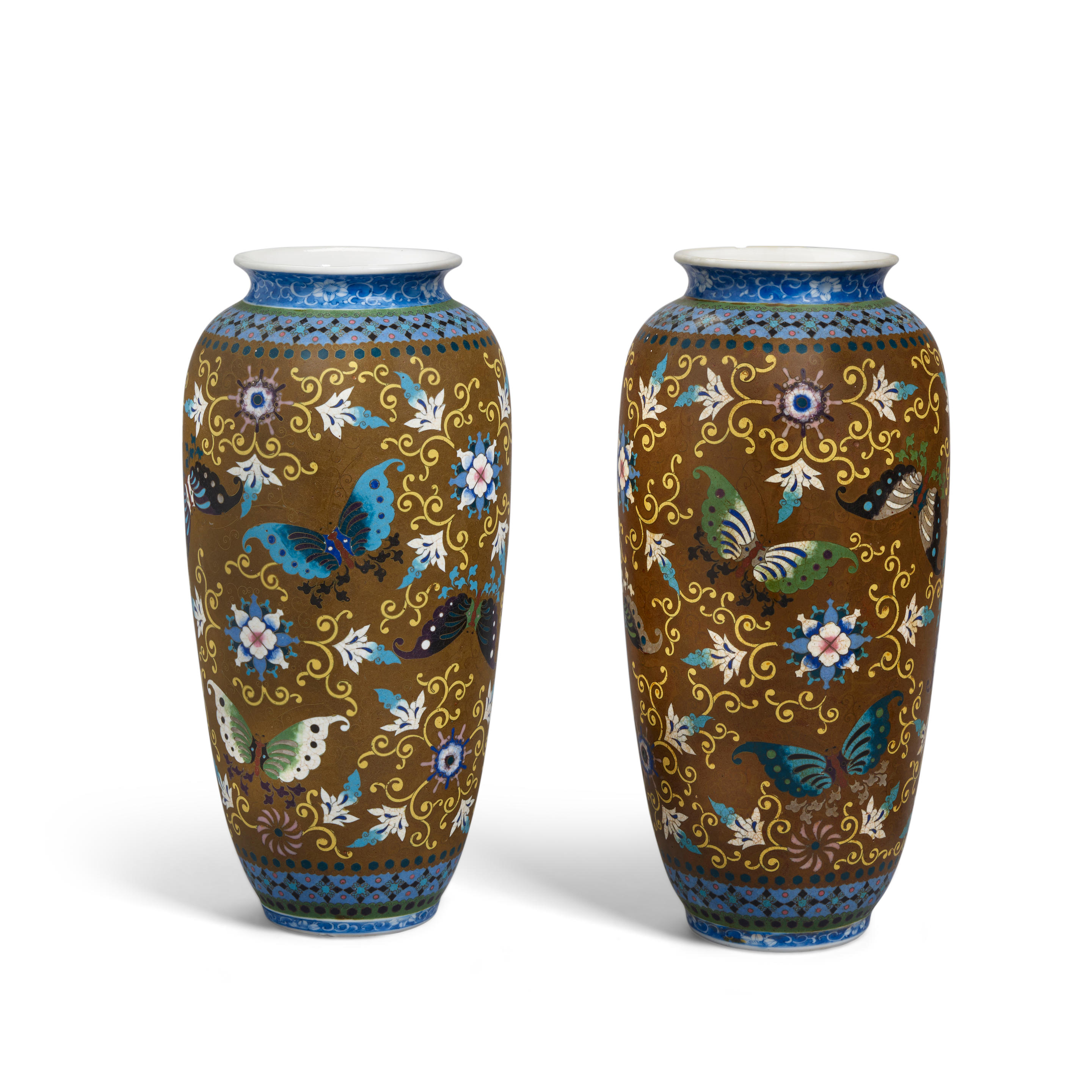 Appraisal: A PAIR OF JAPANESE CLOISONN -ENAMEL ON PORCELAIN VASES Signed