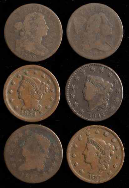 Appraisal: Six-Piece Large Cent Type Setto include Liberty Cap with Head