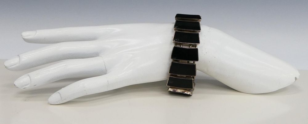 Appraisal: TAXCO VINTAGE STERLING ONYX HEAVY BRACELET About in length with