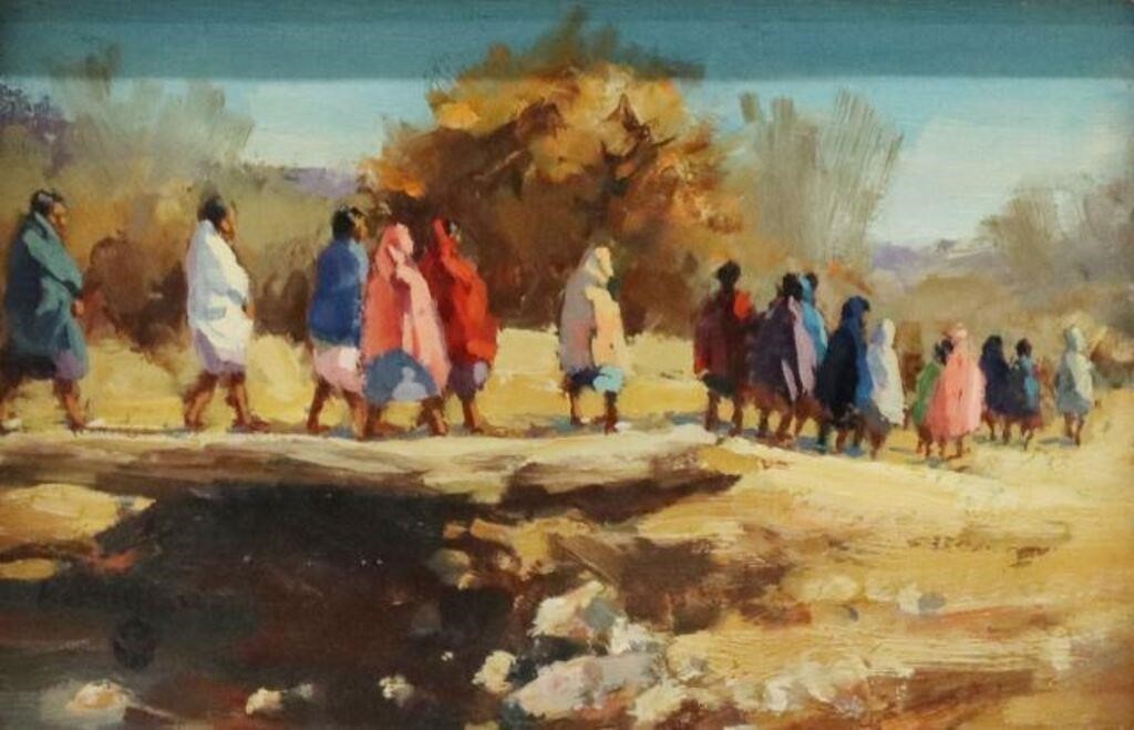 Appraisal: Framed oil on Masonite painting Part of the Procession signed