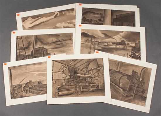 Appraisal: John Deforest Stull American - Industrial Scenes seven pen and