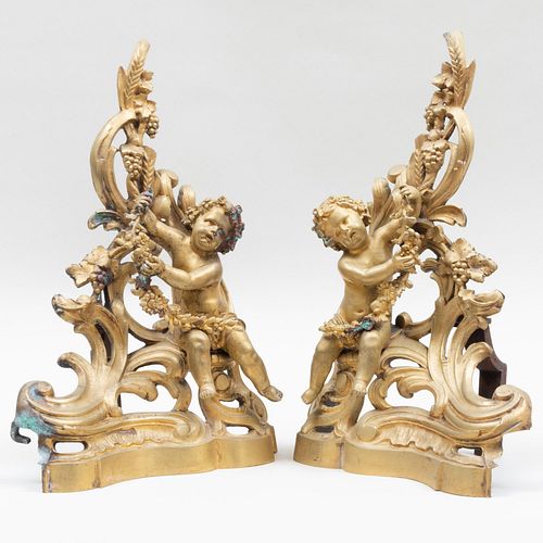 Appraisal: PAIR OF LOUIS XV STYLE FIGURAL GILT-BRONZE CHENETS x x