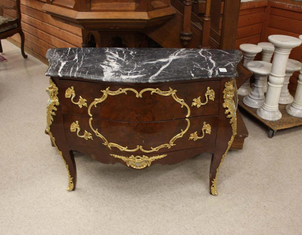 Appraisal: LOUIS XV STYLE MARBLE-TOP BOMBE COMMODE a -drawer type of