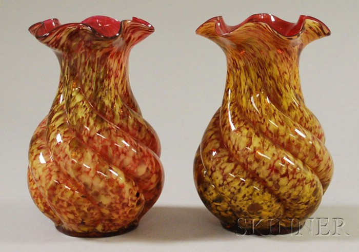 Appraisal: Pair of Late Victorian Amber Spangle Glass Twist Vases ht