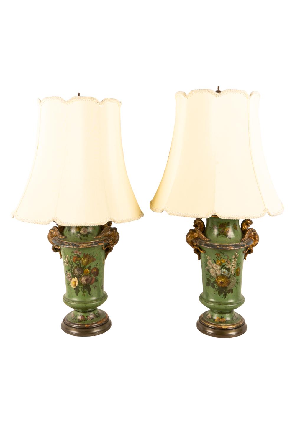 Appraisal: PAIR CONTINENTAL PAINTED CERAMIC TABLE LAMPSmounted on metal bases each