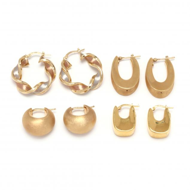 Appraisal: Four Pairs of Gold Hoop Earrings To include a pair