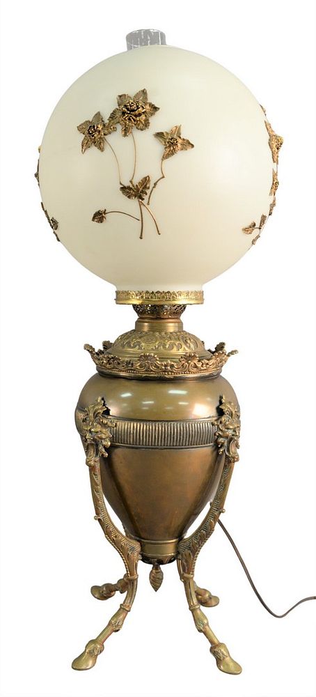 Appraisal: Brass Lamp Having Globular Glass Shade with brass mounted flowers