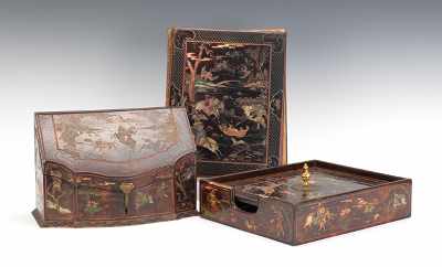 Appraisal: Four Piece Chinese Coromandel Lacquer Desk Set With engraved hunting