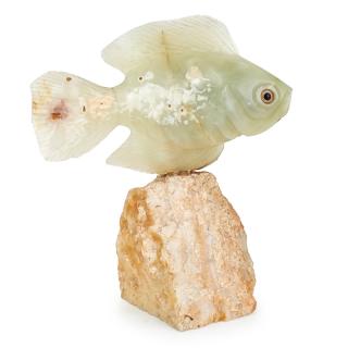 Appraisal: CHINESE CARVED JADE FISH With glass eyes affixed to agate