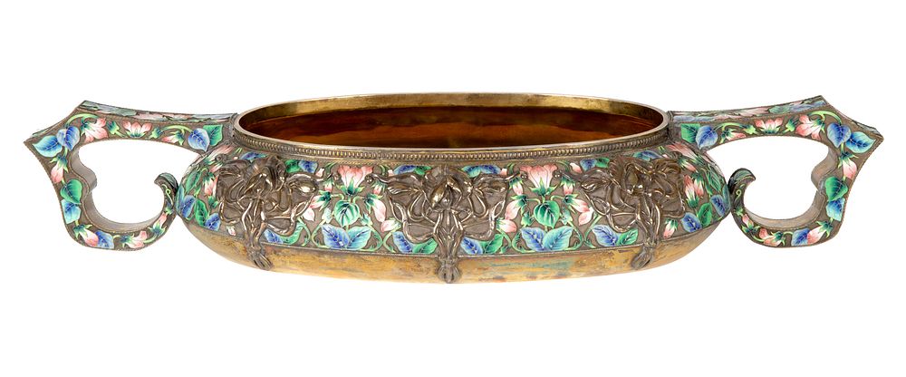 Appraisal: A RUSSIAN FABERGE-STYLE SILVER-PLATED AND SHADED CLOISONNE ENAMEL SERVING DISH