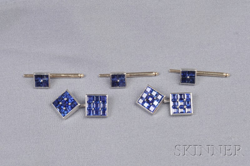 Appraisal: Gentleman's Platinum and Sapphire Dress Set Cartier comprising a pair