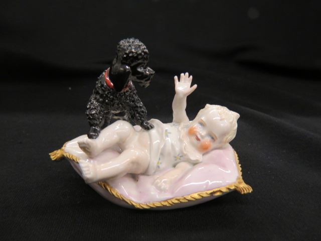 Appraisal: Dresden Porcelain Figurine of Baby BlackPoodle adorable excellent