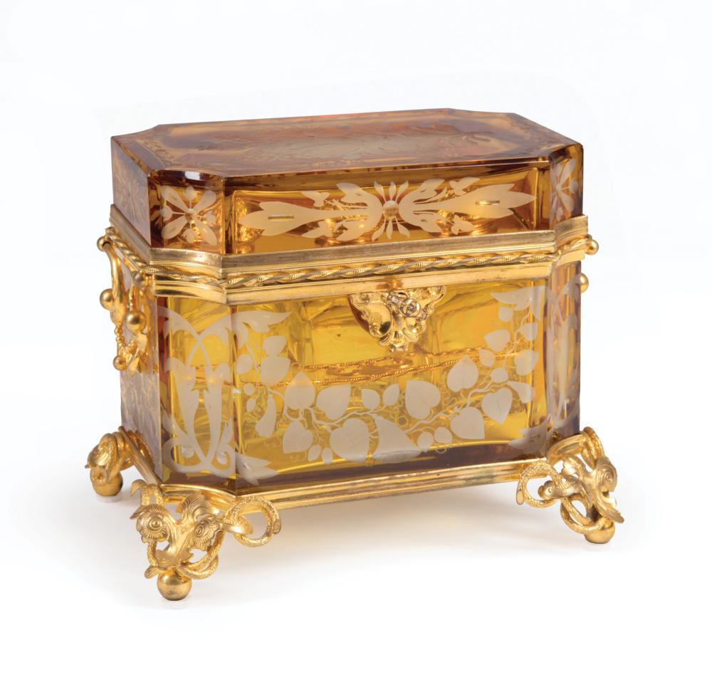 Appraisal: French Gilt Bronze-Mounted Amber Cut-to-Clear Glass Perfume Coffer foliate-decorated case