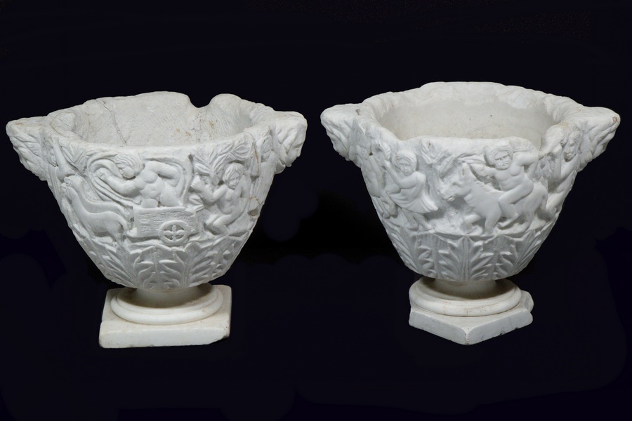 Appraisal: PR MARBLE POTS Pair of Carved White Marble Pots possibly