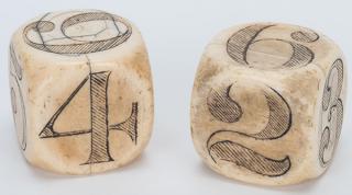 Appraisal: Pair of Large Round Cornered Scrimshawed Ivory Dice American maker