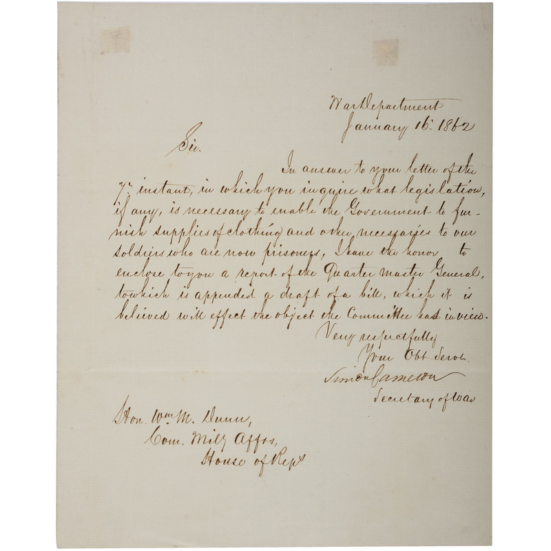 Appraisal: CAMERON Simon - Signed letter as Lincoln's Secretary of War