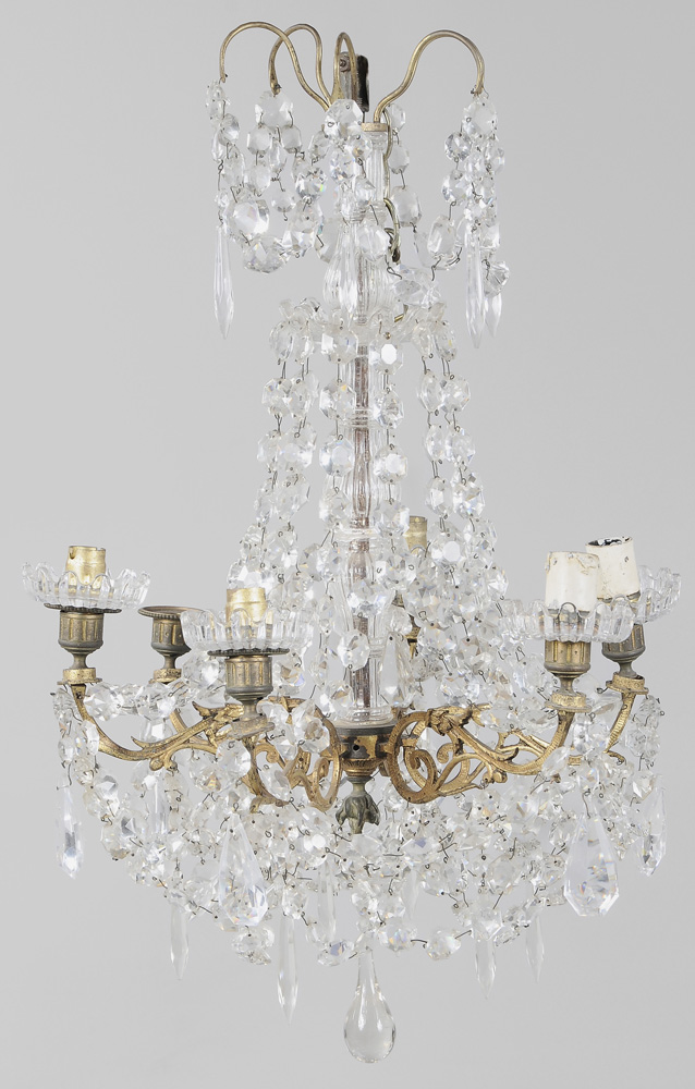 Appraisal: Gilt Brass and Crystal Basket-Form Six-Light Hall Fixture circa six