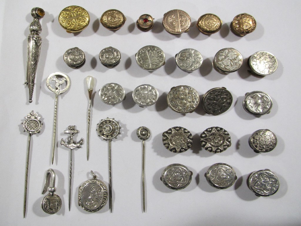 Appraisal: Lot comprising Scottish silver dirk brooch silver topped stick pins