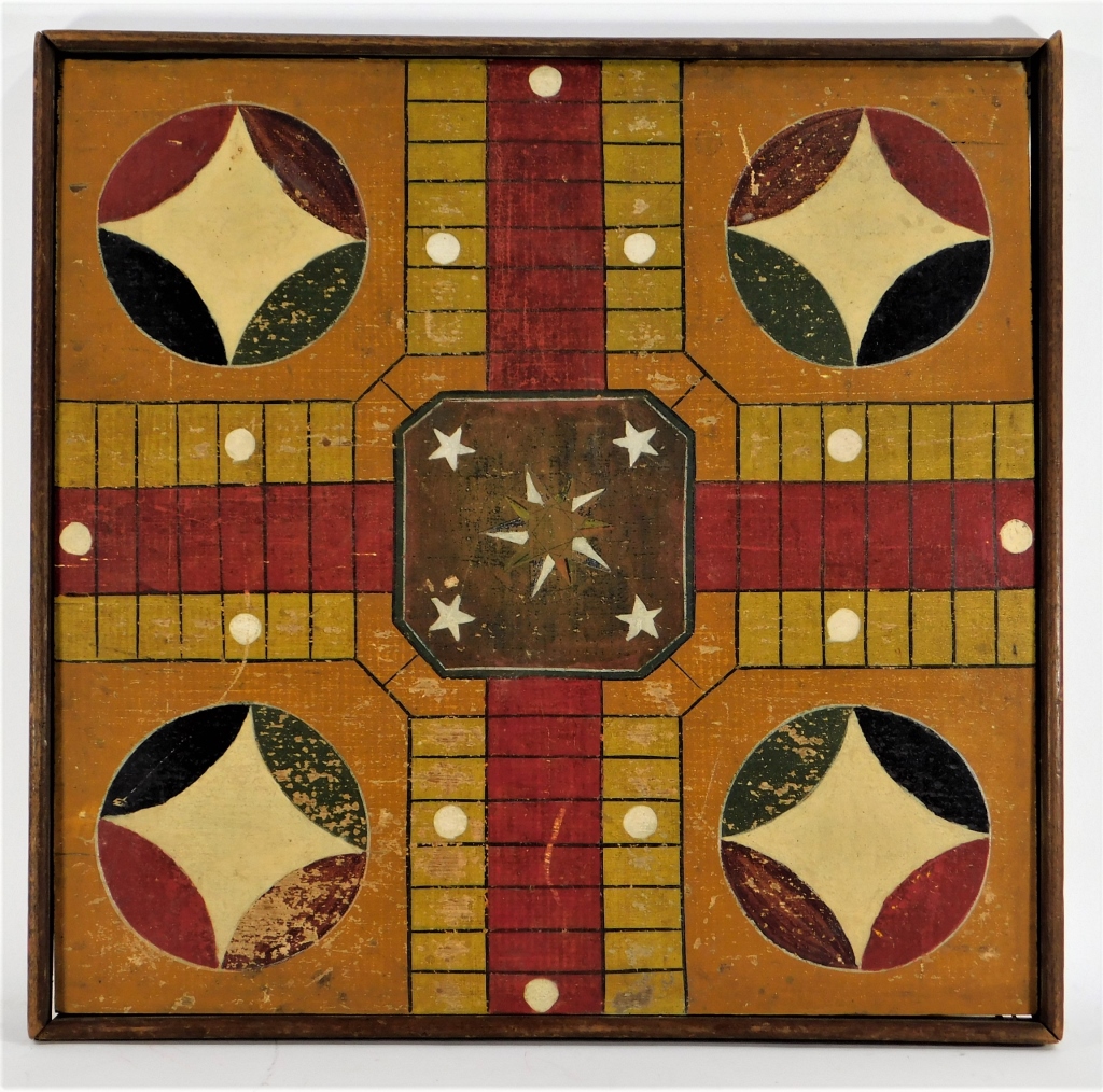 Appraisal: C AMERICAN FOLK POLYCHROME PARCHEESI GAME BOARD United States Early