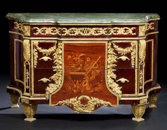 Appraisal: Large French Elaborately Gilt-Brass-Mounted Kingwood Tulipwood Marquetry and Marble-Top Two-Drawer