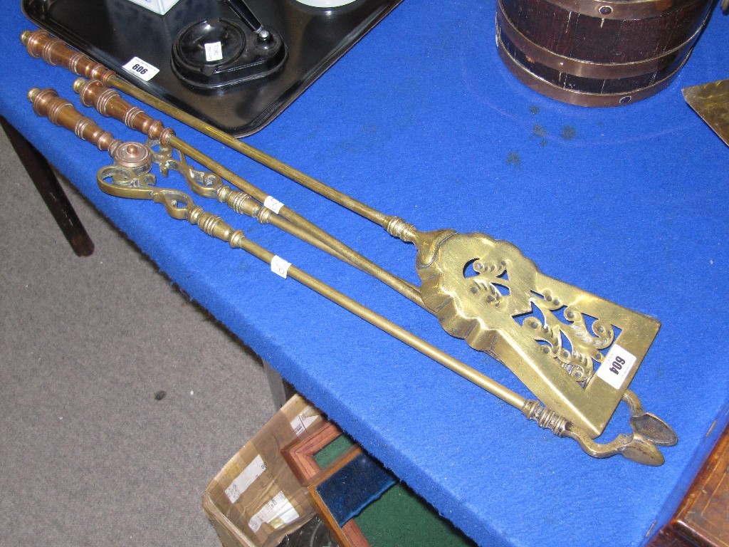 Appraisal: Set of copper handled brass fire implements