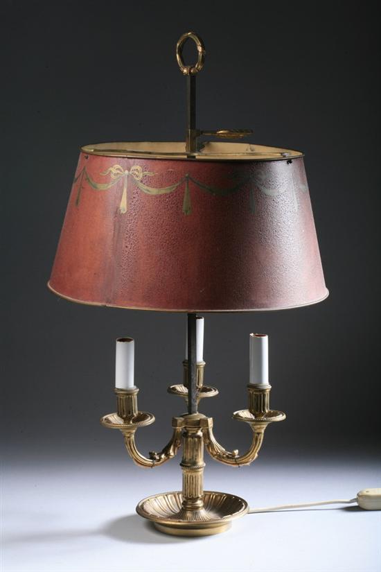 Appraisal: LOUIS XVI-STYLE BRONZE-DOR THREE-LIGHT BOUILLOTTE LAMP late th-early th century