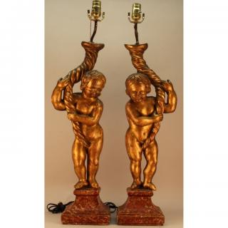 Appraisal: Italian Carved th C Gilt Cherub Lamps Exceptionally Carved th