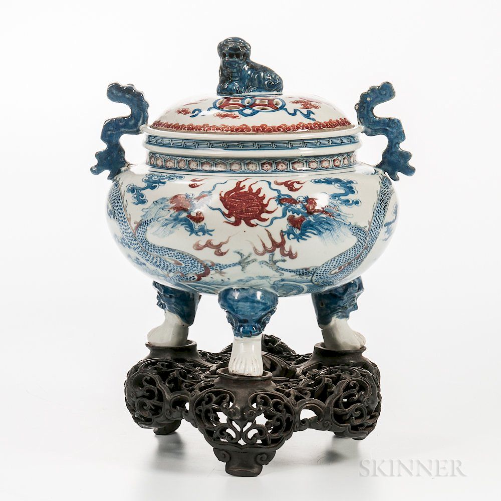 Appraisal: Iron Red-decorated Blue and White Porcelain Tripod Censer and Cover