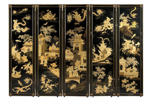 Appraisal: An impressive th century five-fold lacquer screen Each panel depicting