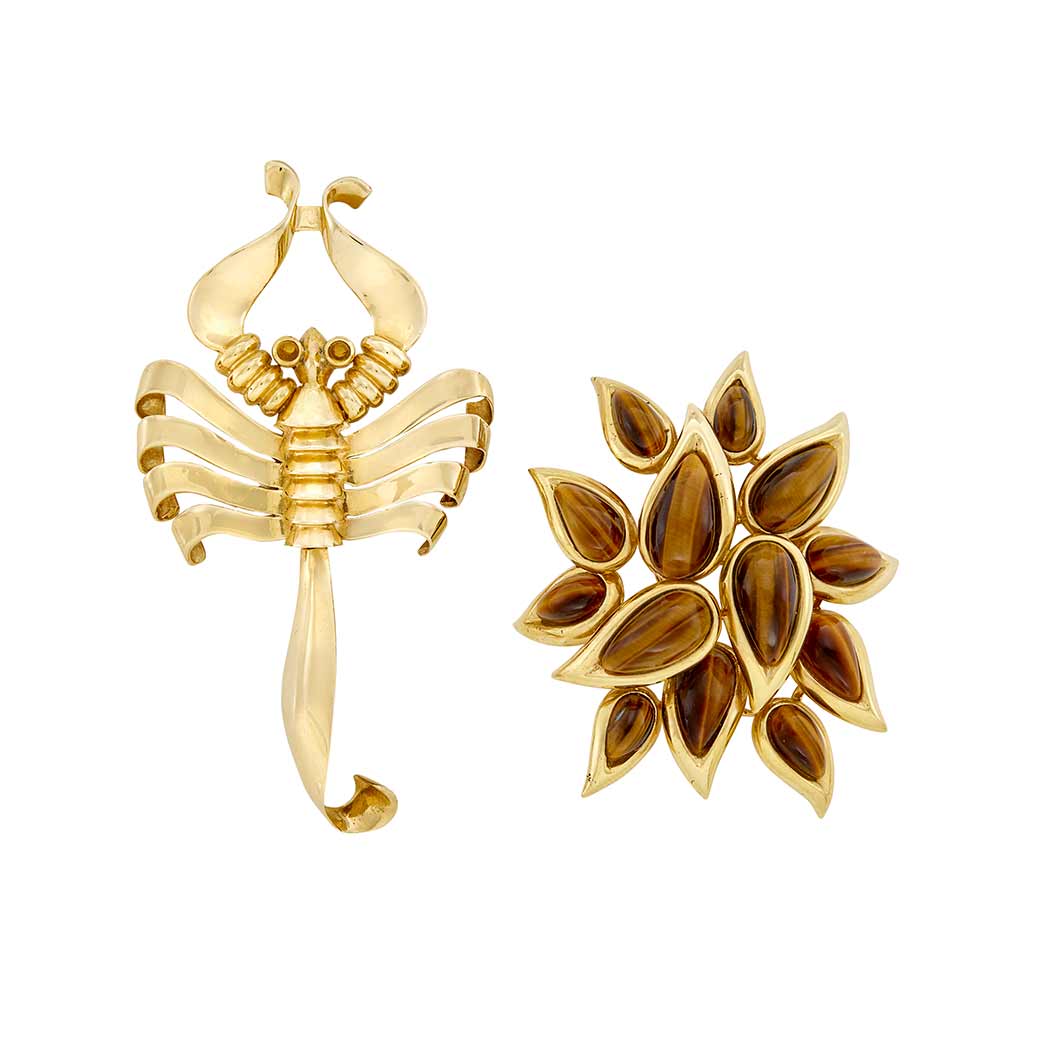 Appraisal: Gold and Tiger's Eye Clip-Brooch O J Perrin Paris and