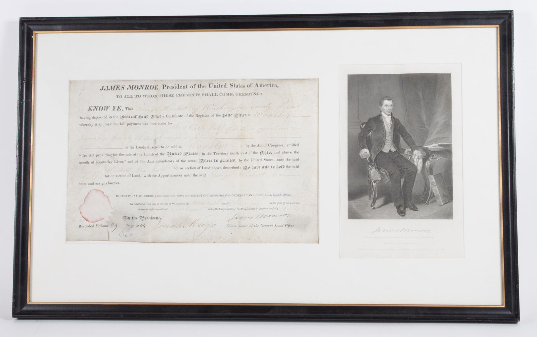 Appraisal: Presidential Autograph James Monroe signature on a part-printed deed for