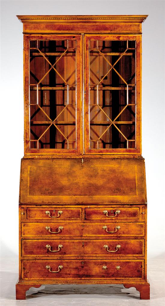 Appraisal: George II style walnut and burl bureau bookcase mid th