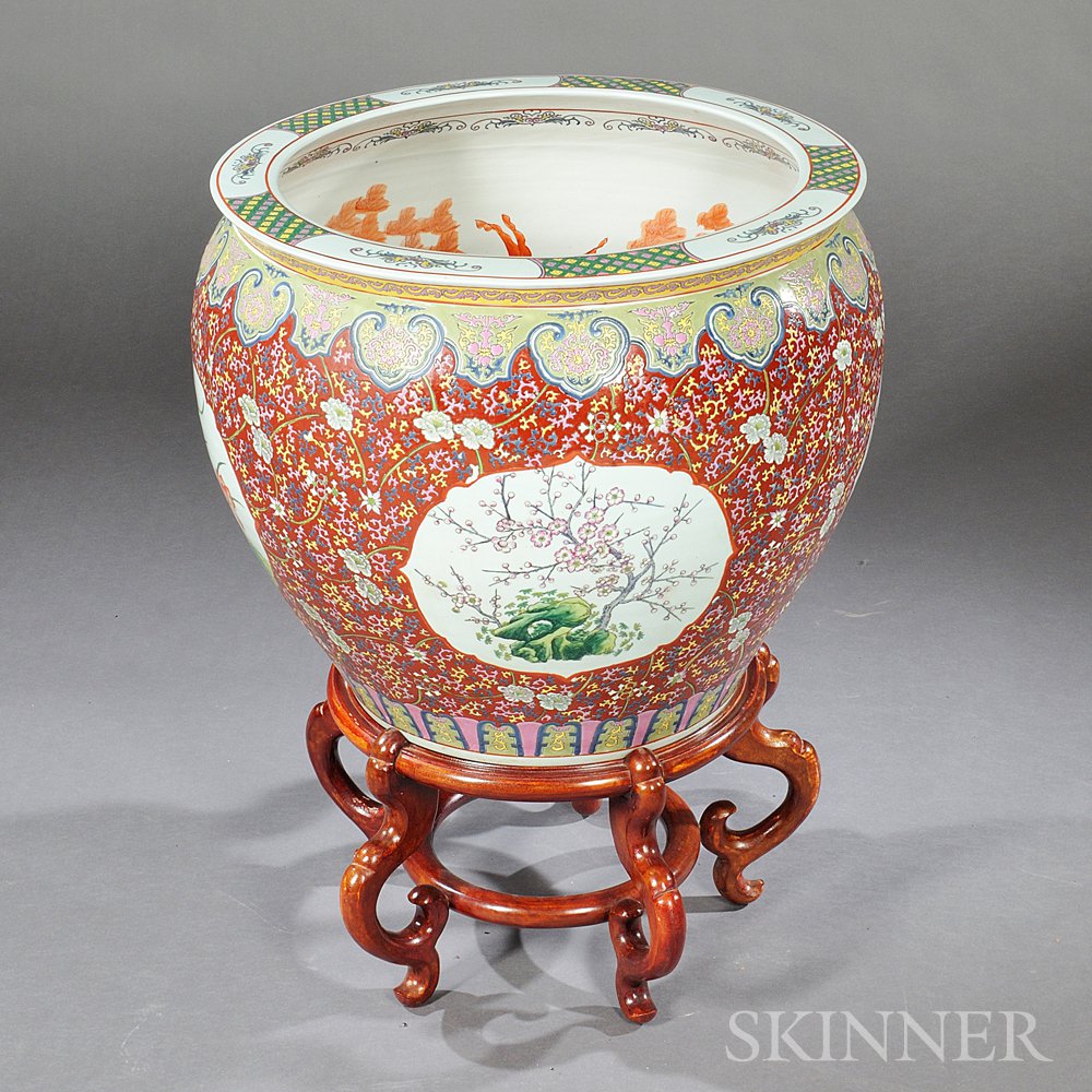 Appraisal: Polychrome-enameled Porcelain Fishbowl China decorated with four bird-and-flower and floral