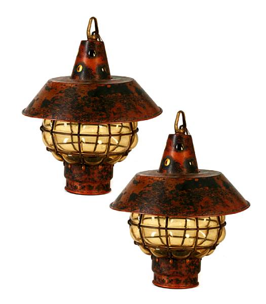 Appraisal: A pair of copper and blown glass ship's lanterns height