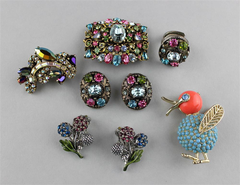 Appraisal: HOLLYCRAFT COLLECTION Hollycraft brooch earrings and ring set of multi-colored