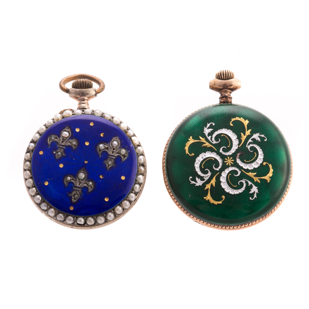 Appraisal: Two Lady's Enamel Pendant Watches Gilt Swiss blue guilloche with