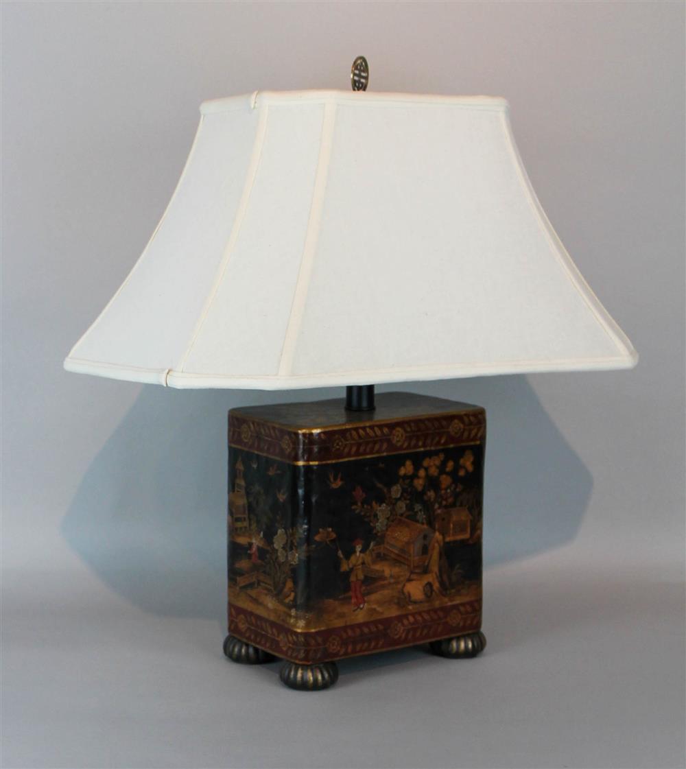 Appraisal: FREDERICK COOPER CHINOISERIE TABLE LAMP rectangular faux lacquer with figures