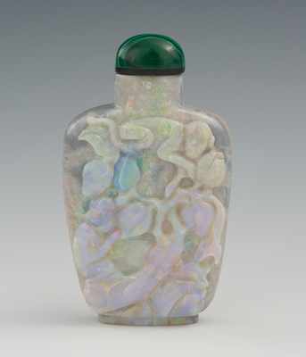 Appraisal: Carved Opal Snuff Bottle with Monkeys Peaches Overall grey opal