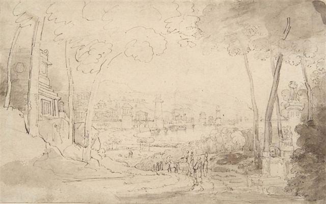 Appraisal: AFTER CLAUDE LORRAINE - Landscape with buildings lake and figures