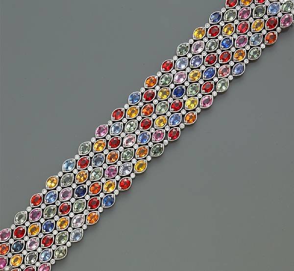 Appraisal: A multi-color sapphire and diamond flexible bracelet the bracelet set