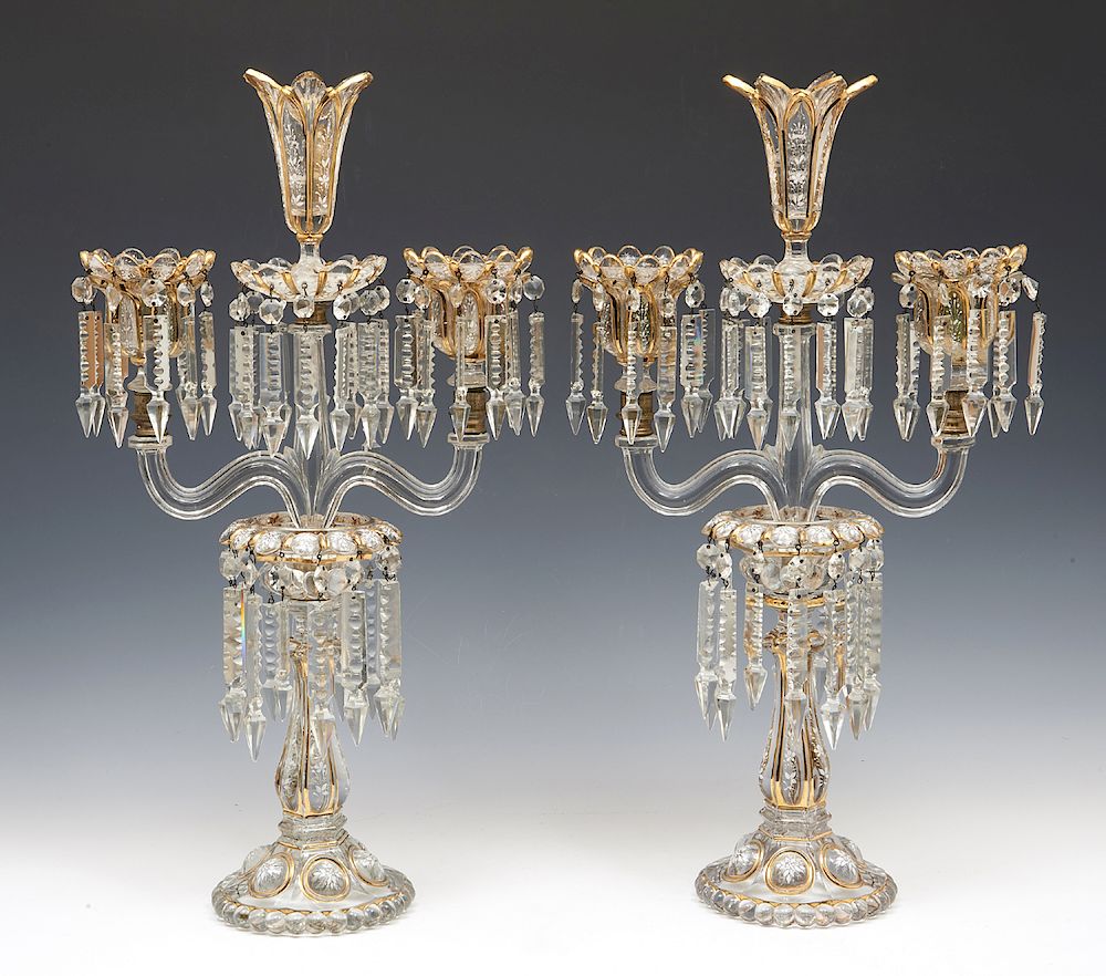 Appraisal: Pair of French etched gilt and enameled glass girondoles Pair