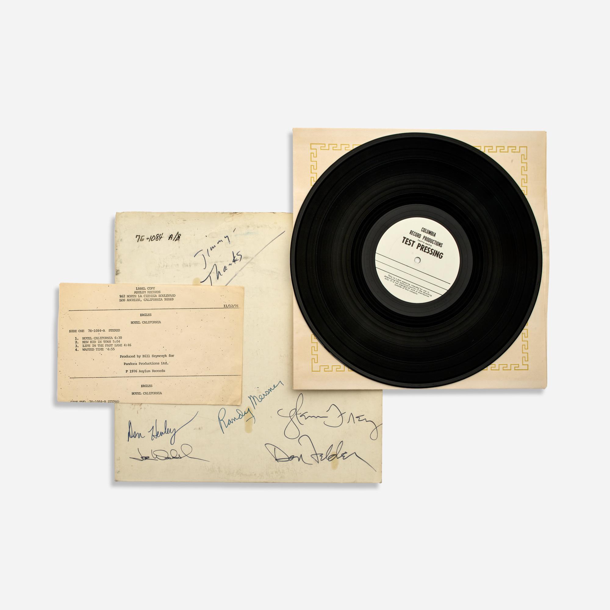 Appraisal: EAGLES HOTEL CALIFORNIA TEST PRESSING BAND-SIGNED A test pressing of