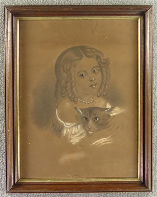 Appraisal: Victorian Pastel Portrait of Girl Sausage curls with cat Waterstains