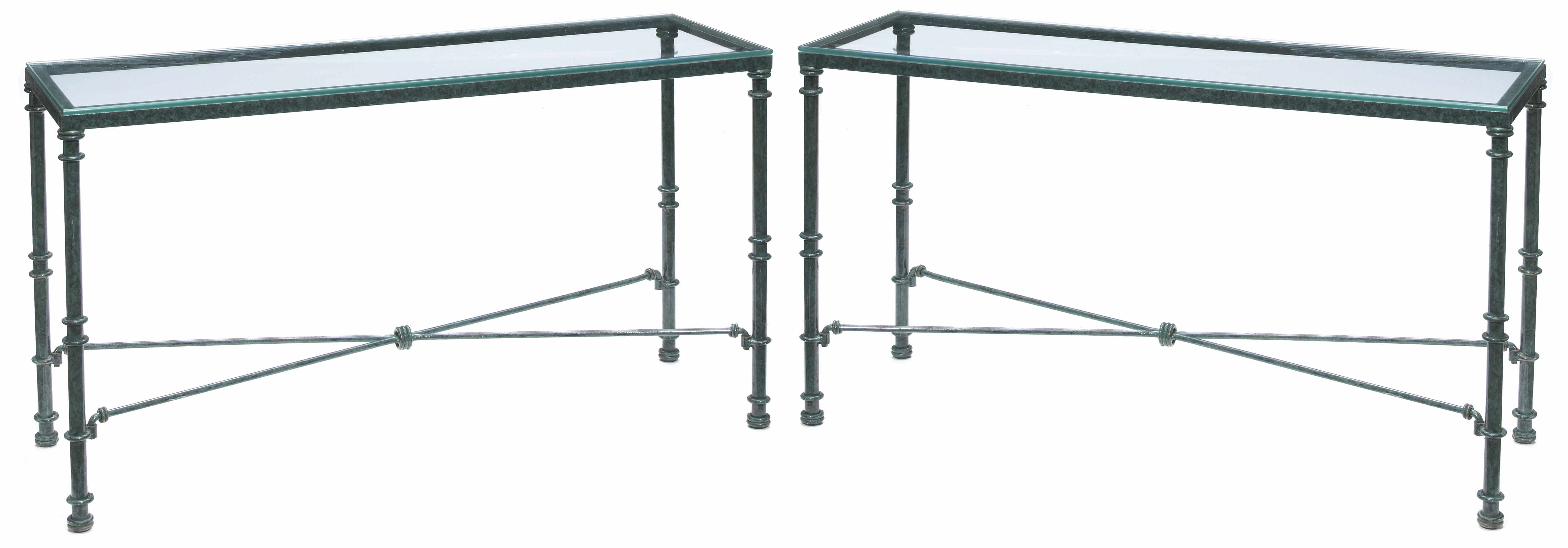 Appraisal: A pair of patinated metal and glass tables height in