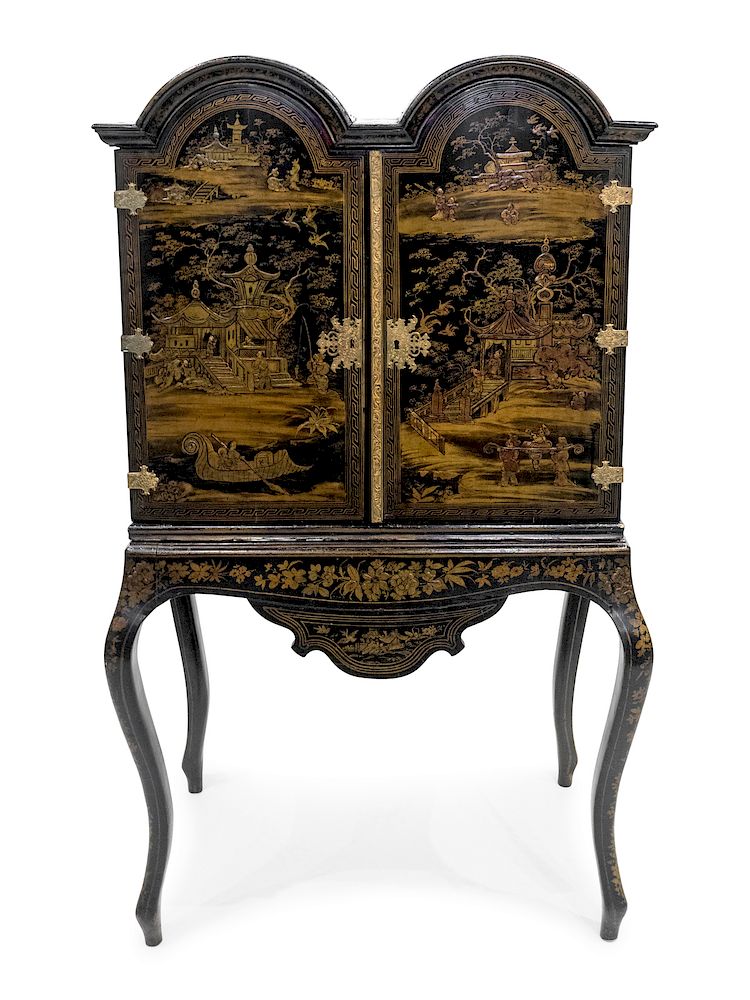 Appraisal: A Queen Anne Style Black-Japanned Cabinet on Stand A Queen