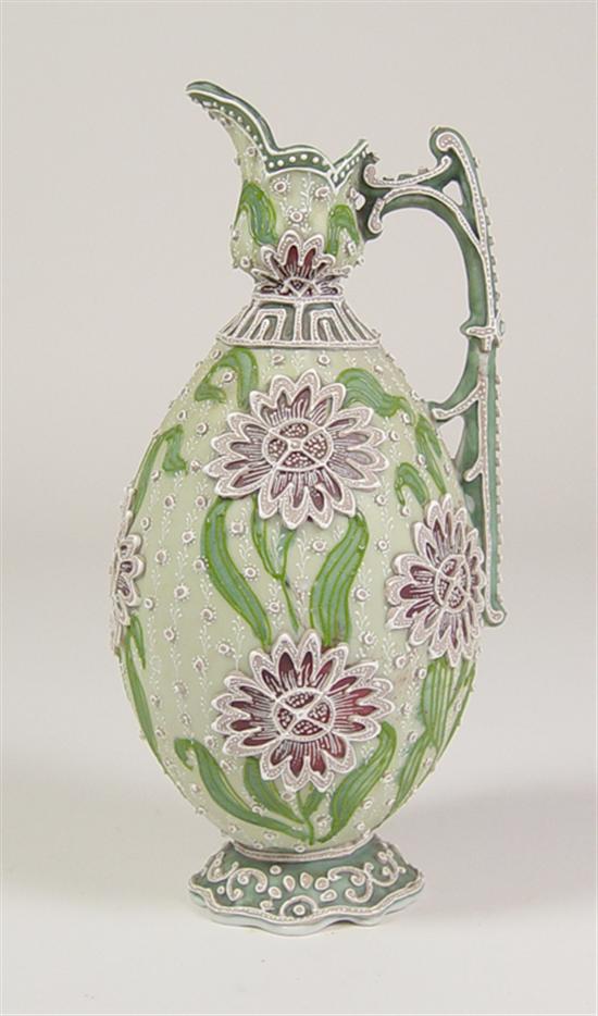 Appraisal: Moriage Ewer Early green ground ewer with heavy moriage florals