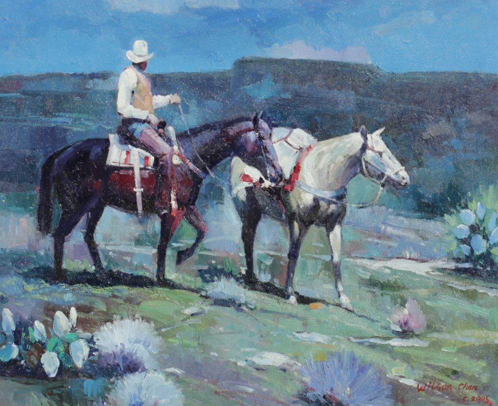 Appraisal: WESTERN COWBOY PAINTING SIGNED WILSON CHEN Scene Depicts a Cowboy