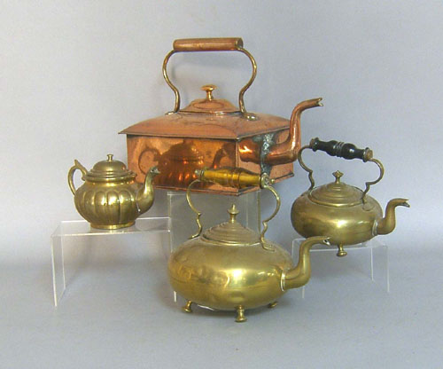 Appraisal: Four brass and copper tea kettles th c to include