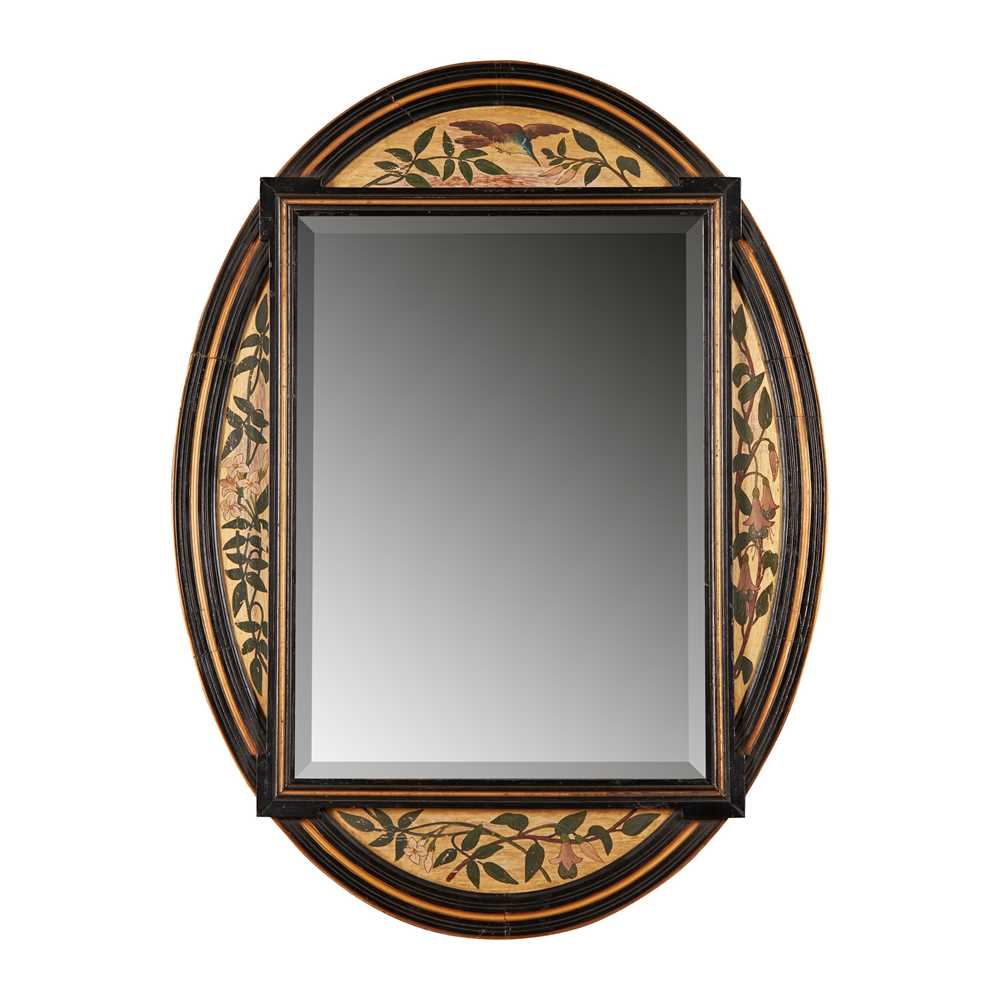 Appraisal: ENGLISH AESTHETIC MOVEMENT WALL MIRROR CIRCA ebonised gilded and painted