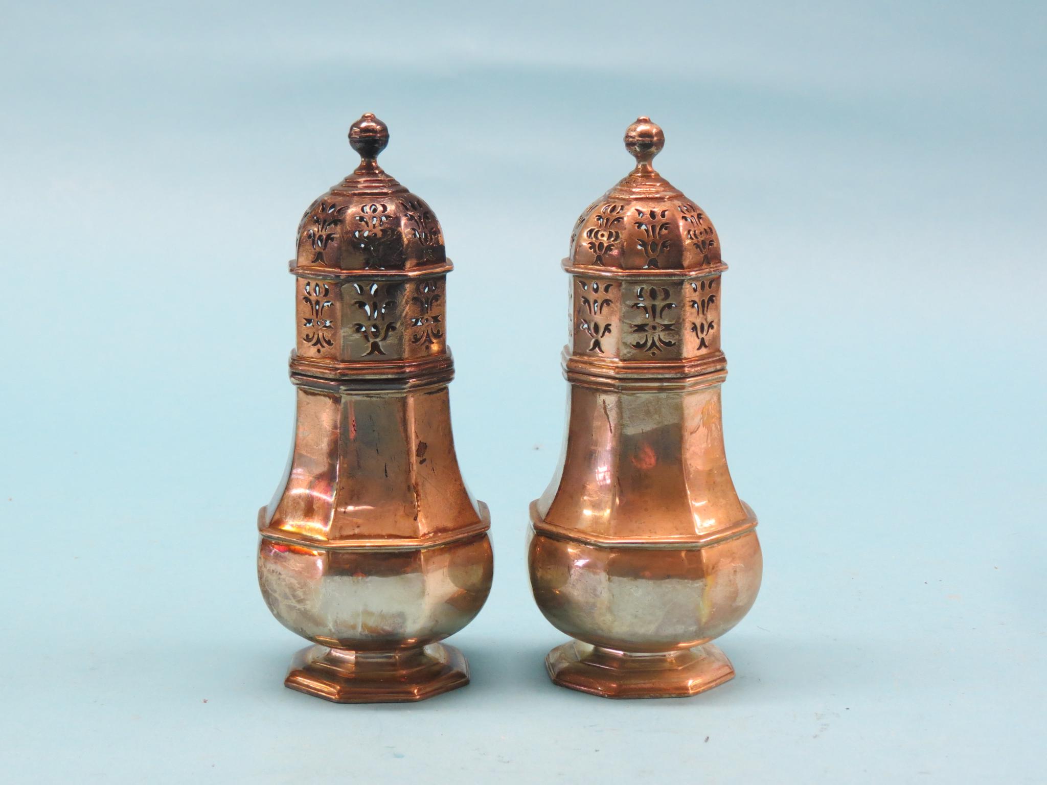 Appraisal: A pair of mid- th century silver sugar casters octagonal